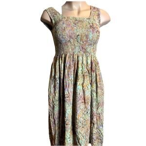 Batik Bali Smocked Maxi Dress Sleeveless S/M Indonesia Sun Dress Pink Multicolor
